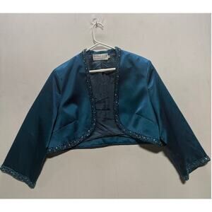 Montage by Mon Cheri Teal Satin Beaded Bolero Jacket Size 18W
